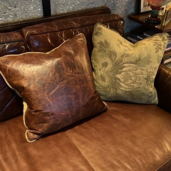 Pair of 20” Ralph Lauren Leather and Fabric Zipper Down Pillows - Picture 1 of 7